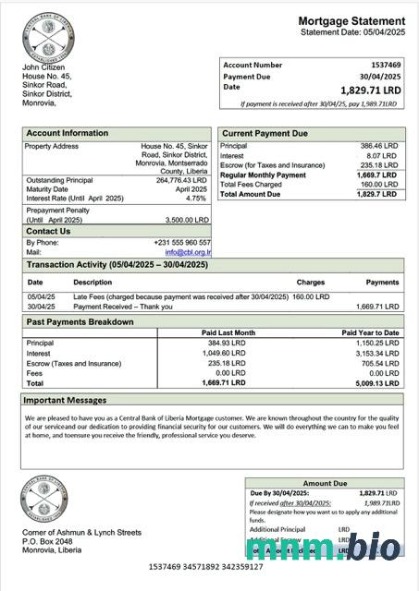 Liberia Bank Centralny Liberii wyciąg z kredytu hipotecznego szablon Word i PDF